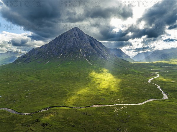 The Buachaille or Buachaille Etive MÃ²r and River Coupall from a drone, Glen Etive and River Etive,