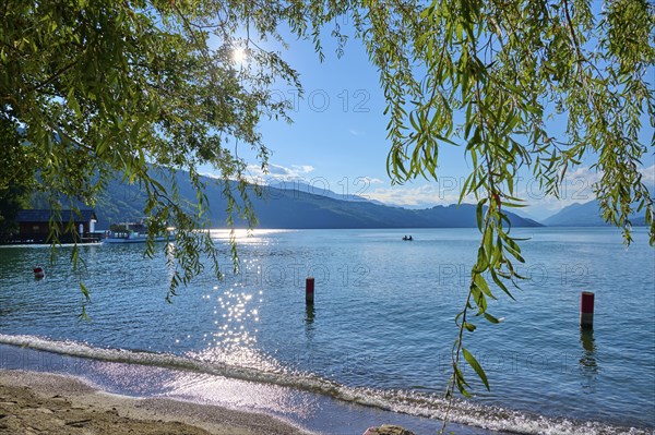 Lake shore, boathouse, excursion boat, sun, evening, summer, Lake Millstatt, Döbriach, Carinthia,