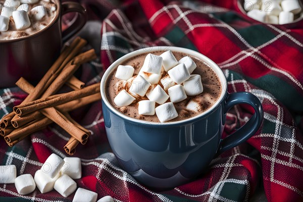A close-up of a steaming cup of hot cocoa topped with marshmallows, surrounded by cinnamon sticks,