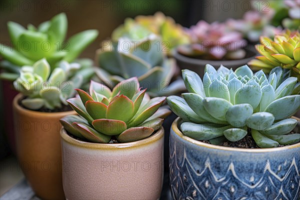 Different small succulent plants in flower post. Generative AI, AI generated