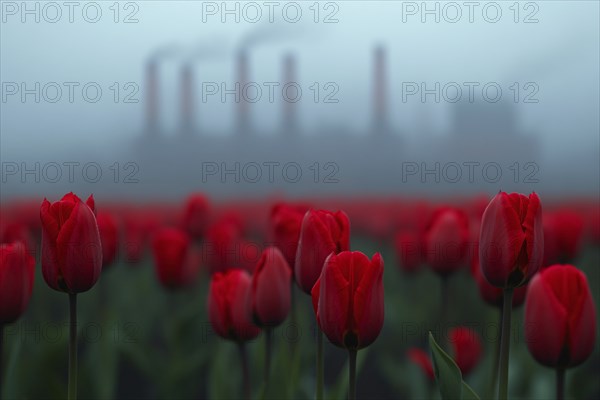 Field with red tulip flowers and factory with grey fumes in background. Generative Ai, AI generated