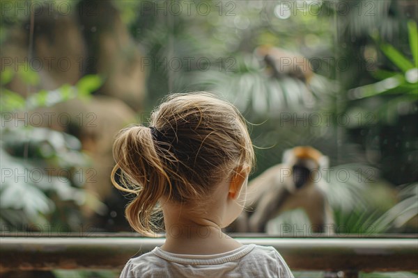 Back view of young girl child watching monkey in zoo behind glass. Generative AI, AI generated