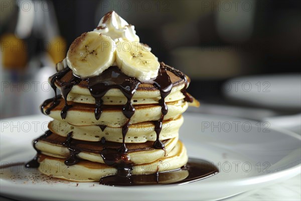 Stack of banana pancakes with chocolate sauce on plate. Generative Ai, AI generated