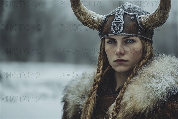 Blond female viking with horned helmet. Generative AI, AI generated