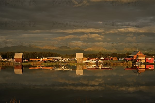 Seaplane airport overlooking Chugach mountain range, Lake Hood, Anchorage, Alaska, USA, North