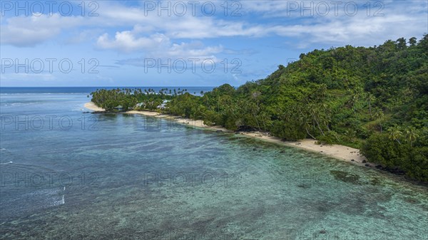 Aerial of the Lavena peninsula, Bouma National Park, Taveuni, Fiji, South Pacific, Oceania