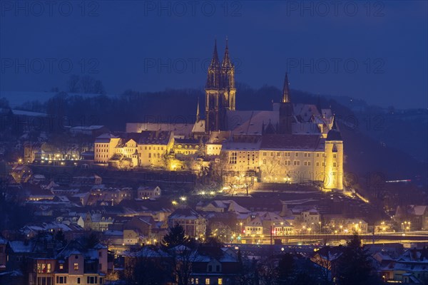 Viewpoint Juchhöh Spaargebirge at blue hour with view to Meissner Burgberg above the vineyards