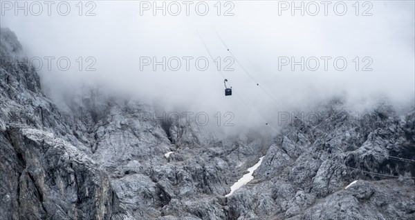 Zugspitzbahn in the fog, Garmisch-Patenkirchen, Bavaria, Germany, Europe