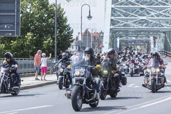 Harley Days Dresden, big ride through the city, here at the Elbe bridge Blaue Wunder