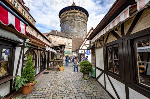 Alley with small shops in the Handwerkerhof, behind Frauentorturm, Nuremberg, Middle Franconia,