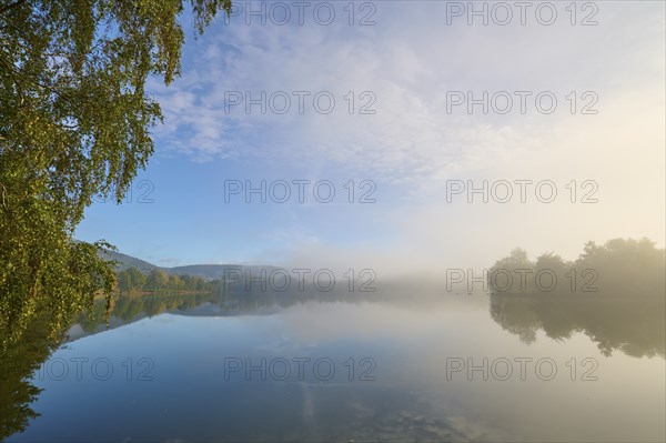 Lake, reflection, sky, clouds, fog, sunrise, autumn, Freudenberg, Odenwald, Baden-Württemberg,