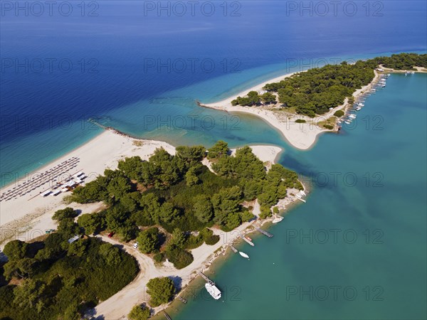 Aerial view, lagoon, beach and harbour, Glarokavos, Pallini, Kassandra Peninsula, Chalkidiki,