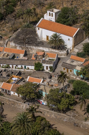 View over city with houses and church. Ciudad Velha. Cidade Velha. Santiago. Cabo Verde. Africa