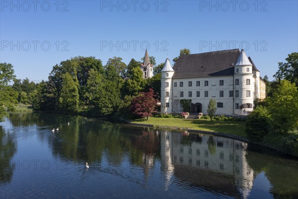 Drone shot, Renaissance castle, Hagenau Castle, Mattig estuary, Sankt Peter am Hart, Innviertel,