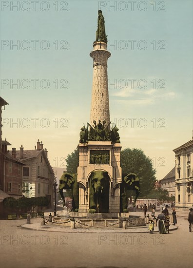 The Elephant Fountain, Chambery, France, c. 1890, Historic, digitally enhanced reproduction of a