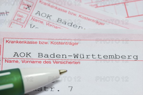 Prescriptions for medicines, AOK, health insurance, cost unit, pen, Baden-Württemberg, Germany,