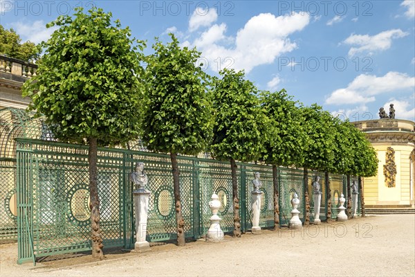 Marble figures, palace facade, Sanssouci, Potsdam, Brandenburg, Germany, Europe