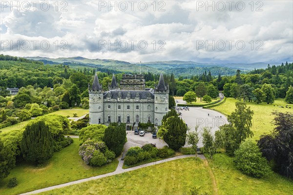 Inveraray Castle from a drone, Clan Campbell, Loch Fyne, Argyll, Scotland, UK