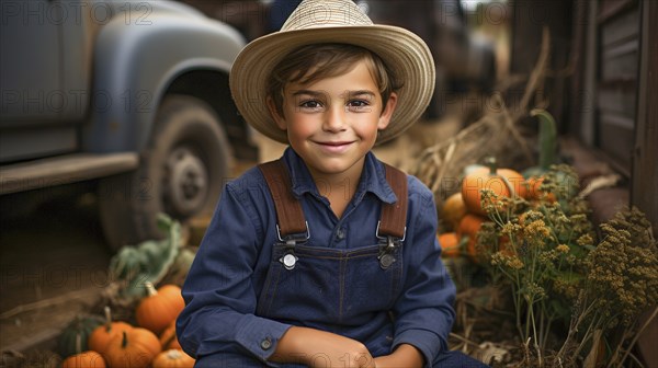 Happy young boy wearing cowboy hat sitting amongst the fall pumpkin harvest, generative AI