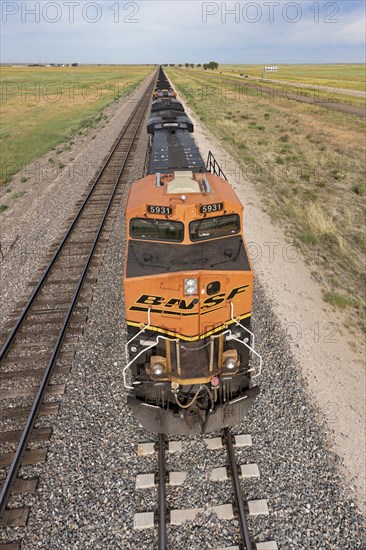 Roggen, Colorado, A Burlington Northern Santa Fe freight train carrying coal east of Denver
