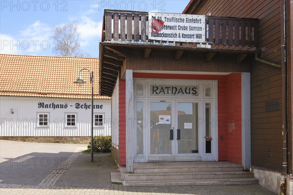Entrance to the Town Hall, Town Hall Barn, St. Andreasberg, Harz Mountains, Lower Saxony, Germany,