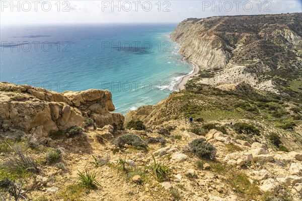 Hiking trail on the cliffs of Cape Aspro near Pissouri, Cyprus, Europe