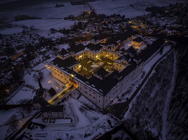 Augustusburg Hunting Lodge, also known as the Crown of the Ore Mountains, on a Winter Evening