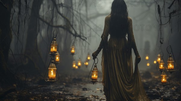 Mysterious female ghost figure walking amongst spanish moss, forest and candlelit lanterns on