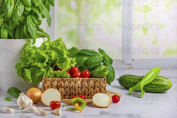 Fresh vegetables in basket, salad ingredients, cucumber with peeler, tomatoes, lettuce, basil,