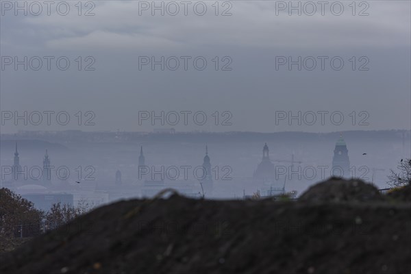 View from Dresden's Südhöhe of the city centre with its towers sinking into the fog