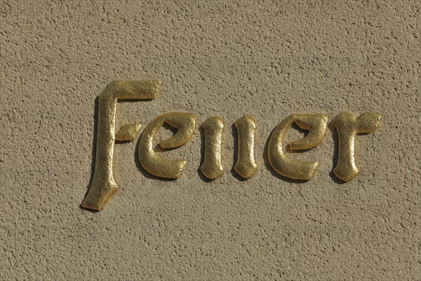 Lettering brass fire at the fire station, golden, inscription, metal, Plauen, Vogtland, Saxony,