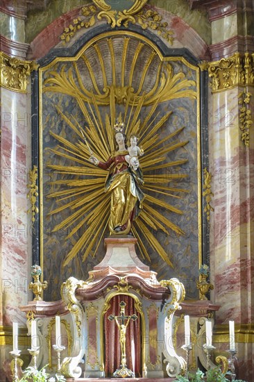 St. John Nepomuk Catholic Church, sacred art, altar, detail, Mary with infant Jesus, Madonna,