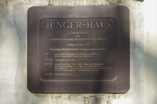 Sign, information board at Jünger-Haus, memorial for Ernst and Friedrich Georg Jünger in the Old