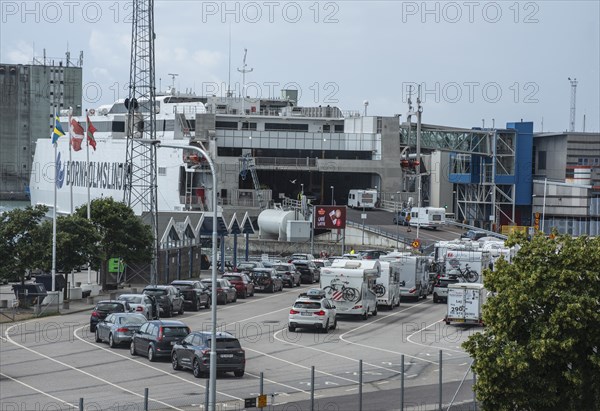 He Bornholm line's ferry Express 5 loading cars in Ystad harbor. It is the world's largest