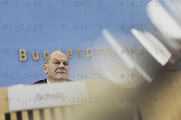 Olaf Scholz (SPD), Federal Chancellor, recorded at a federal press conference on current domestic
