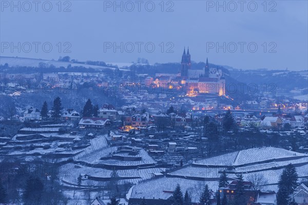 Viewpoint Juchhöh Spaargebirge at blue hour with view to Meissner Burgberg above the vineyards