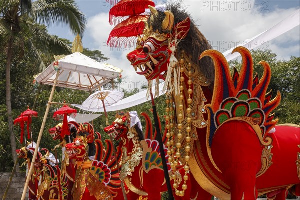 In the cremation ground, the colourful sarcophagi at a corpse cremation (Ngaben), Ubud, Bali,