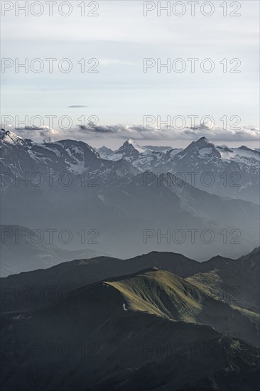 Evening mood, silhouettes, dramatic mountain landscape, view from Hochkönig, Salzburger Land,