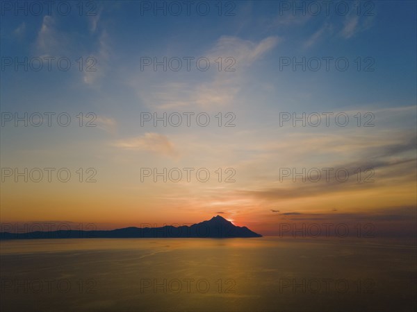 Aerial view, dawn, view of Mount Athos, Orthodox monastic republic with autonomous status under