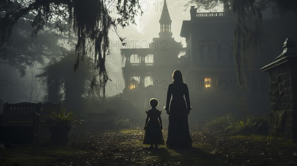 Eerie haunting ghostly silhouetted female and child figures walking in front of a foggy southern
