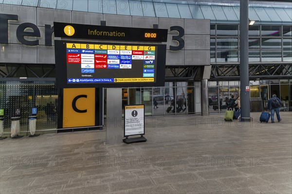 Information display about airlines operating at Terminal 3 building, London Heathrow Airport,