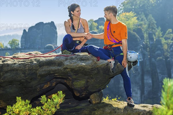 Climbers in Rathen in Saxon Switzerland