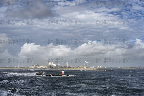 Noordpier Wijk Aan Zee, wind turbines and the steelworks of Tata Steel, North Holland, Netherlands