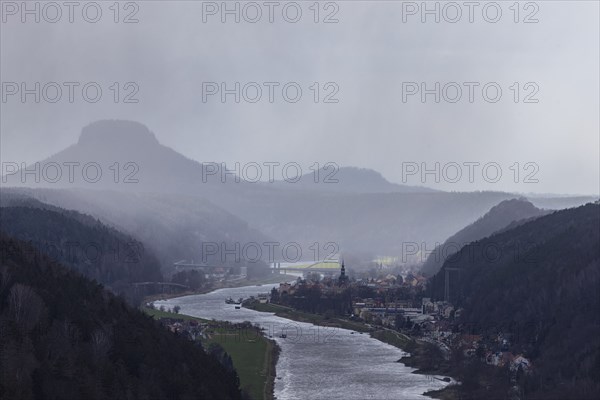 View from the small bastion in the Elbe Sandstone Mountains near Schmilka, high above the Elbe with