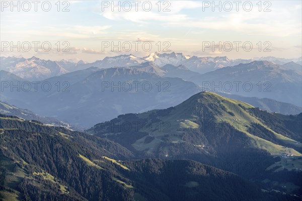 Evening atmosphere, view of Reichenspitze and Zillertal Alps, in front Hohe Salve, dramatic
