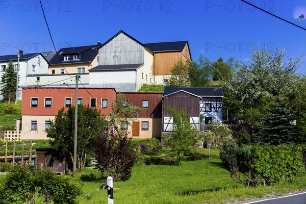 Village view of Oberfrauendorf in the Osterzgebirge mountains
