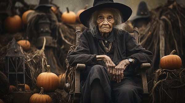 Ghostly scary old witch sitting amongst pumpkins and other halloween decorations, generative AI