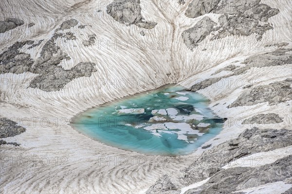 Mountain lake, snow remains, high alpine landscape, Übergossene Alm, Berchtesgaden Alps, Salzburger