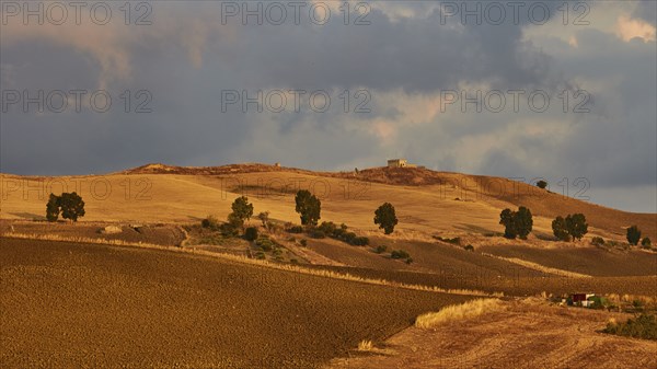 Evening light, Autumn hill landscape, brown fields, dramatic cloudy sky, Madonie National Park,
