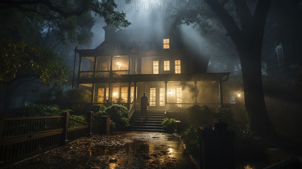 Dimly lit halloween haunted mansion with ghostly figure on steps amongst the foggy trees,
